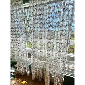 Vintage 70s net curtain, white & brown wavy mesh, boho, open weave, per panel